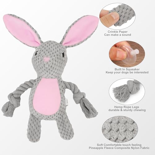 Dog Toys, Dog Squeaker Toys with Crinkle Paper, Stuffed Animal Dog Plush Chewing Toy, Cotton Rope Interactive Toys for Puppy, Small, Middle Dogs (Gray Rabbit) - color: Grey