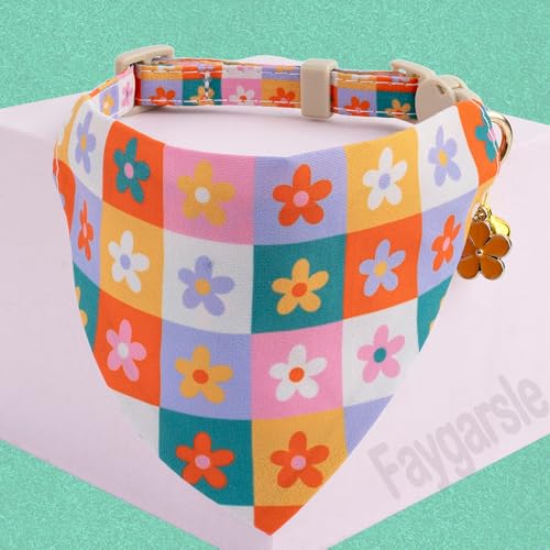 Faygarsle 2 Pack Floral Pattern Cat Collar Set with Bandana and Bow Tie, Breakaway Safety Buckle, Colorful Checkered Design - color: Colorful Plaid