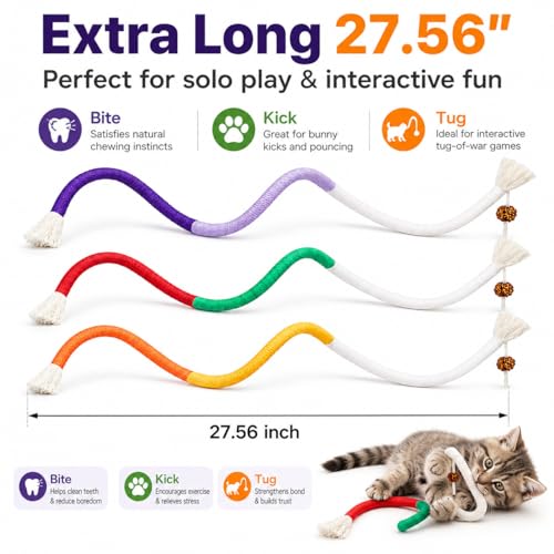 3 PCS Cat Chew Toys Rope Set, 27.56" Natural Sisal & Cotton Rope Cat Toys with Catnip, Pet-Friendly Teething & Oral Care Toys for Indoor Cats and Kittens
