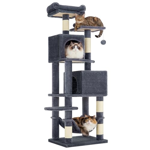SONGMICS HOME Cat Tree for Indoor Cats, Multi-Level Cat Tower with Sisal Scratching Posts, Hammock and Condo, Dark Gray - color: Dark Gray, size: 59.6 Inches