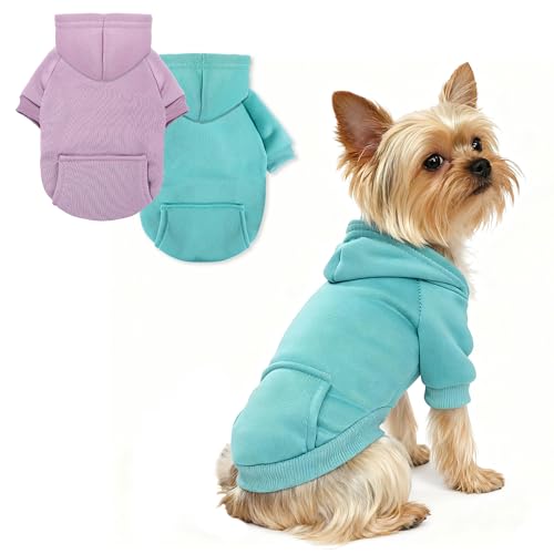 Pet Hoodie Dog Sweater for Small Dogs Girl Boy, Winter Puppy Sweatshirts with Pockets Hood, Warm Fleece Lined Dog Clothes Chihuahua Coat Clothing Puppy Cat Custume, Small - color: Lavender+Cadet Blue, size: Small