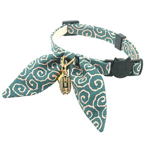 Bunny Ears Cat Collar, Japan Lucky ‘開三運’ Charm. Safety Breakaway Bowtie Kitten Collar with Bell, Light Blue - color: Dark Cyan