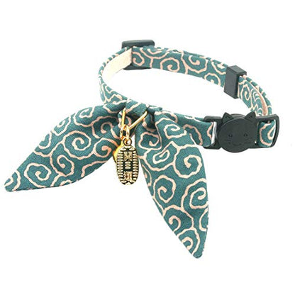 Bunny Ears Cat Collar, Japan Lucky ‘開三運’ Charm. Safety Breakaway Bowtie Kitten Collar with Bell, Light Blue - color: Dark Cyan