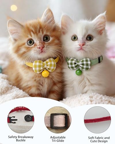 2 Pack Soft Breakaway Safety Cat Collar，Kitten Collar with Bell and Bow Tie,Adjustable Breakaway Cotton Collar for Kitty and Puppy (Plaid-Yellow Green) - color: Plaid-Yellow Green
