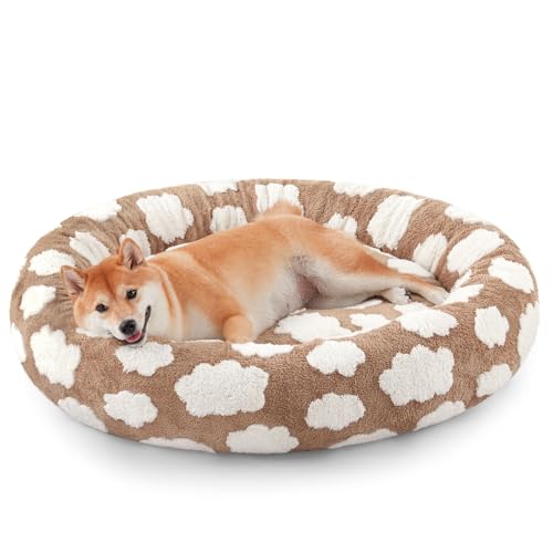 JOEJOY Donut Dog Bed Medium Size Dog, Cute Round Calming Pet Bed with Removable Washable Cover, Orthopedic Puppy Bed with Jacquard Shaggy Plush & Non Skid Bottom - color: Brown, size: M (30x30x8)