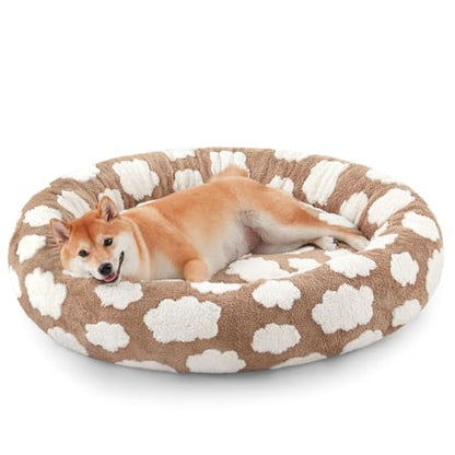 JOEJOY Donut Dog Bed Medium Size Dog, Cute Round Calming Pet Bed with Removable Washable Cover, Orthopedic Puppy Bed with Jacquard Shaggy Plush & Non Skid Bottom - color: Brown, size: M (30x30x8)