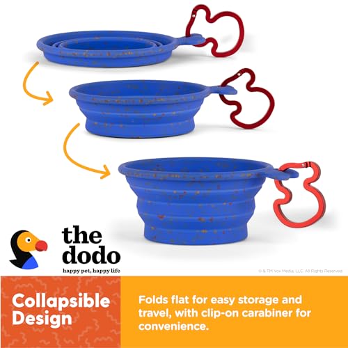 The Dodo Collapsible Dog Bowl, Blue; Travel Dog Bowl That Folds Flat and Clips with Carabiner for Easy Storage and Carry - color: Blue