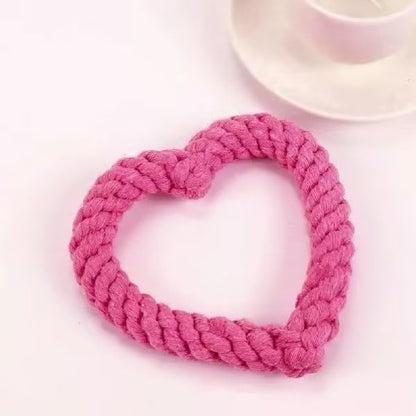 Dog Rope Chew Toy, Heart Shaped Interactive Teething Toy for Puppies, Pink Cotton Dental Tug Toy