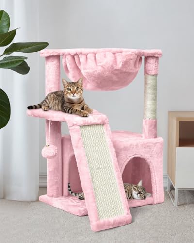 SYANDLVY Cat Tree for Indoor Cats Large Adults, Modern Activity Tower with Scratching Posts & Board, Condo with Plush Perch, Climbing Stand with Cradle & Hanging Ball for Play, Pink - color: Pink