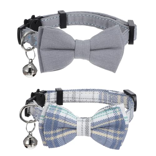 2 PCS Cat Collar with Bow Breakaway Bowtie Safety with Bell Cat Bow Tie Collar Cute Boy Kitten Collars Plaid Pet Collars Adjustable Safety Quick Release Cats for Kitten Cats (Blue)