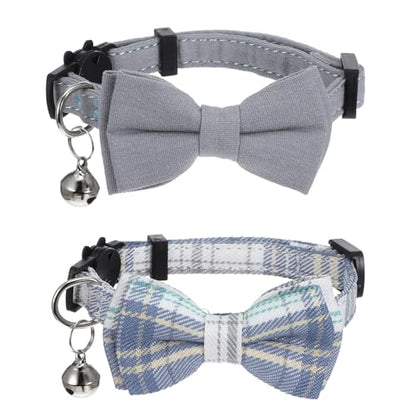 2 PCS Cat Collar with Bow Breakaway Bowtie Safety with Bell Cat Bow Tie Collar Cute Boy Kitten Collars Plaid Pet Collars Adjustable Safety Quick Release Cats for Kitten Cats (Blue)