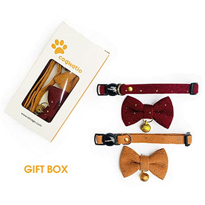 Safety Quick Release Cat Collars, Soft Kitten Collars with Detachable Bow Tie and Bell, Pack of 2, Adjustable 20-30 cm - color: Ochre+Wine Red
