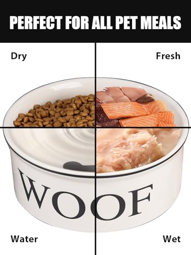Ceramic Dog Bowl with Bone Pattern - 8" Extra Large Food Water Bowl for Medium and Large Dogs, Weighted, Microwave & Dishwasher Safe, 55 oz (Beige) - color: Off-white