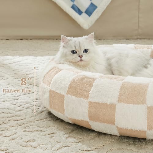 Ohocut Checkered Cat Dog Bed, Cute Beige Khaki Retro Style Aesthetic Round Warming Pet Calming Beds for Small Dog and Cats, Plush Cozy Donut Beds Washable, 23" L x 23" W x 8" Th - color: Beige, size: 23"L x 23"W x 8"Th