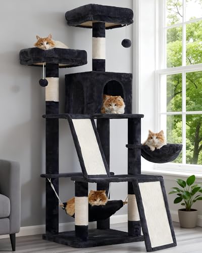 Gitelsnour Multi-Level Cat Tree for Indoor Cats, Cat Tower with 2 Scratching Boards, 2 Plush Padding Platforms, Cat Condo House with Hammock, Basket, Smoky Gray GCT022G - color: Smoky gray, size: 56 inches