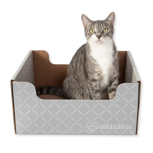 Hide & Scratch Cardboard Cat Scratcher Box & Bed - Light Grey Diamond | Double-Sided Corrugated Pad for Indoor Cats | Refillable Scratching Board Toy for Play & Furniture Protection - color: Light Grey Diamond