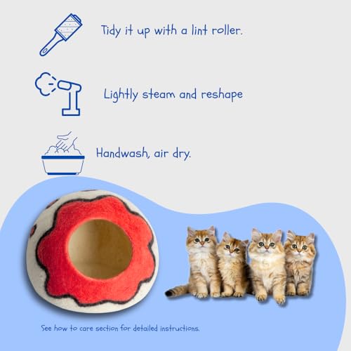 Premium Merino Wool Cat Cave Bed. Foldable, Eco-Friendly, Handmade Felt Kitten Bed and Covered Cat House (43x43cm). Hideaway Pod for Cats. Easy to Clean and Maintain. for Small to Medium cat. Red - color: Red