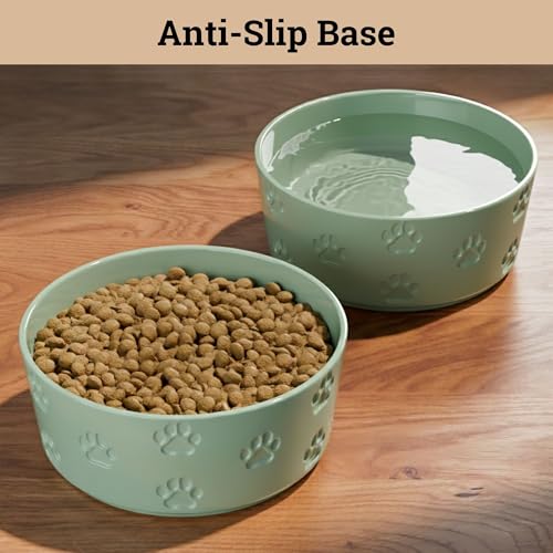 Ceramic Dog Bowl Set of 2 with Anti-Skid Base - 6.5" Wide x 2.5" Tall Ceramic Dog Bowls Medium Sized Dogs - 3.8 Cup Capacity Food and Water Bowls for Dogs - Rubber Bottom Pet Bowl Set of 2 Medium Size - color: Sage Green, size: Medium