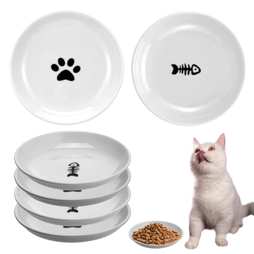 Cat Food Bowl 6 Pack Ceramic Cats Bowl Anti Whisker Fatigue Cat Dishes 5.91 Inch Cats Food Tray Shallow Wide Feeding Kitten Plate Cute Paw Fishbone Pattern Water Dish for Indoor Wet Dry Foods Pet