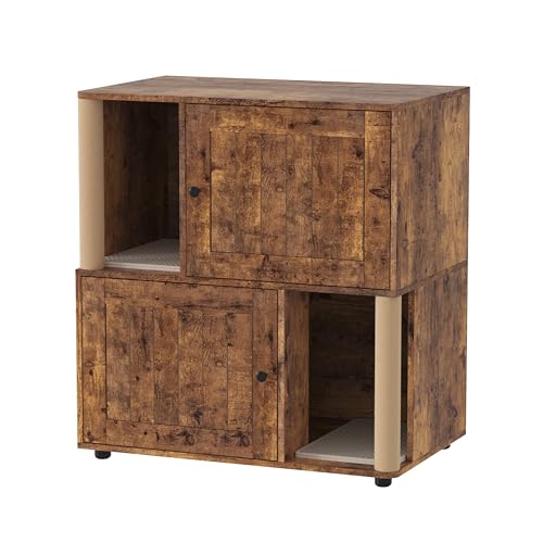 Garvee Double Layer Cat Litter Box Furniture, 2 in 1 Hidden Litter Box Furniture with Scratching Post and Litter Mats, Wooden Corner Cabinet Cat Washroom Bed - color: Brown Sliding Door