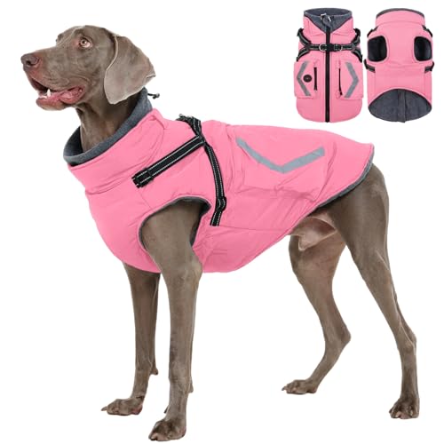 FUAMEY Dog Winter Coat Waterproof, Warm Fleece Lined Jacket for Dogs, Extra Large Goggie Vest with Harness Built in, Pet Cold Weather Coats Doggy Outfits Back Zipper, Weimaraner (Pink, 2XL) - color: Soft Pink, size: XX-Large
