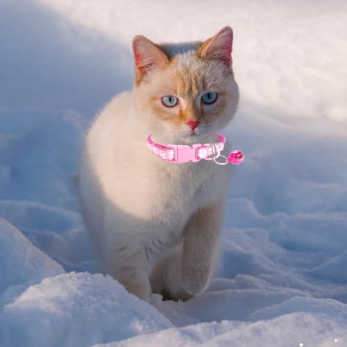 MJIYA Cat Collar with Bell, Breakaway Grid Collar with Plastic Buckle, Light Adjustable, Nylon, Kitty Collars - color: Pink