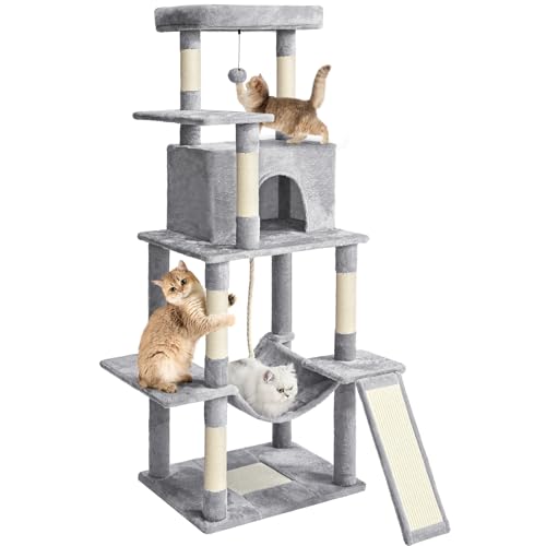 ABCPET Cat Tree Tower 63in Multi-Level Cat Tower for Indoor Cats with Sisal Scratching Posts, Condo, Hammock, Dangling Ball and Extended Platform for Cats to Play, Light Grey - color: Light Grey