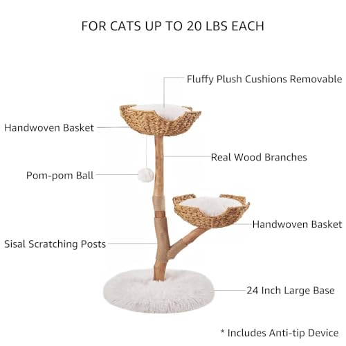 unipaws Wood Cat Tree Tower for Large Cats 20lbs, Updated Enlarge 24" Base with Dual Woven Baskets, 41" H Cat Activity Tree with Plush Cushions and Scratching Post - size: 2 baskets