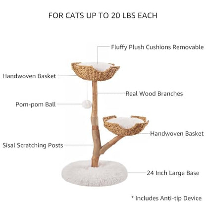 unipaws Wood Cat Tree Tower for Large Cats 20lbs, Updated Enlarge 24" Base with Dual Woven Baskets, 41" H Cat Activity Tree with Plush Cushions and Scratching Post - size: 2 baskets