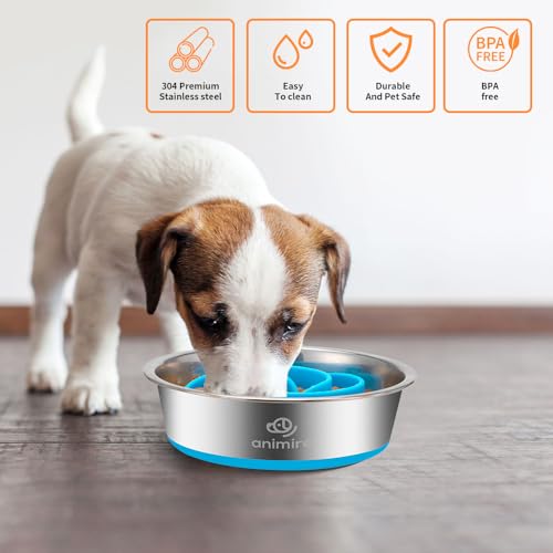 2-in-1 Metal Dog Bowl with Slow Feeder Insert, Stainless Steel Dog Bowls Food Grade 304, Water Food Bowl with Anti-Slip Silicone Base for Small, Medium, Large Dogs - color: Light blue, size: 2 Cups