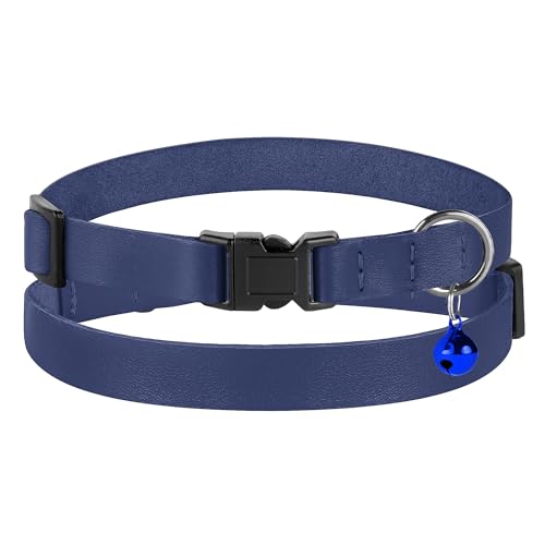 Breakaway Cat Collar with Bell - Leather Adjustable Kitten Collars with Safety Quick Release Buckle - Soft Small Pet Collars for Girl & Boy Cats (Deep Blue) - color: Deep Blue