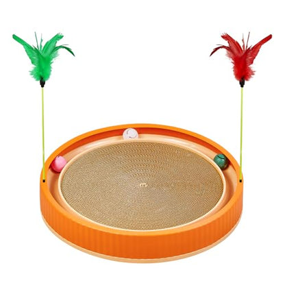 Extra-Large Round Cat Scratcher Bed with Ball Track – 3-in-1 Circular Cardboard Scratching Pad with Feather Toys – Interactive Cat Toy Round Track for Large Breeds Like Maine Coons (Orange) - color: Orange