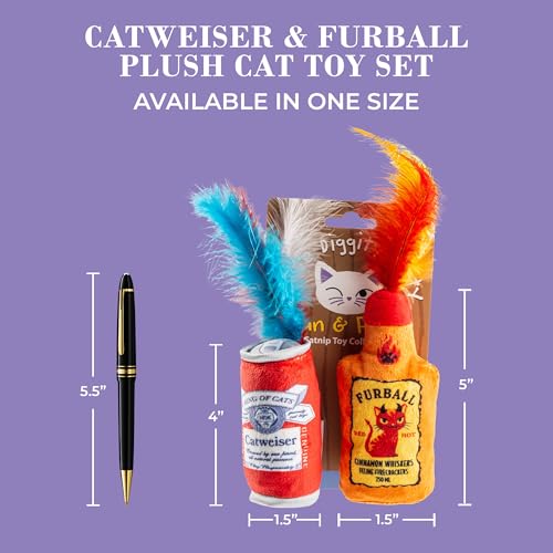 Haute Diggity Kitty Catweiser + Furball Catnip Toys, Soft Plush Cat Toys Catnip Filled with Interactive Crackle Sound & Feathers, Safe & Durable Toy for Cats & Kitten, 2 Pcs - style: Catweiser + Furball