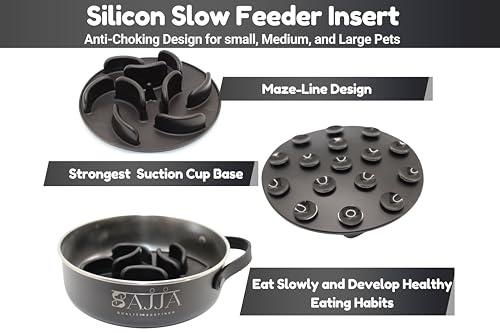 Black Slow Feeder Travel Dog Bowl Set | 30oz Stainless Steel + 20oz Collapsible Silicone Dish | Water Bottle Holder| Non-Slip, Anti-Choking, BPA-Free | We Give Back - color: Slow feeder Black Bowl