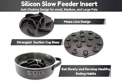 Black Slow Feeder Travel Dog Bowl Set | 30oz Stainless Steel + 20oz Collapsible Silicone Dish | Water Bottle Holder| Non-Slip, Anti-Choking, BPA-Free | We Give Back - color: Slow feeder Black Bowl