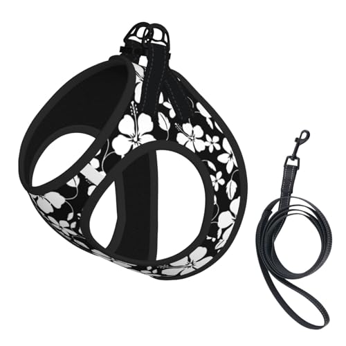 Hawaiian Hula (Hibiscus) Black Dog Harness and Leash Set, No Pull Reflective Adjustable Soft Mesh Padded Pet Vest with Safety Buckle for Small Medium Dogs and Cats Small - color: HAWAIIAN HULA (HIBISCUS) BLACK, size: Small