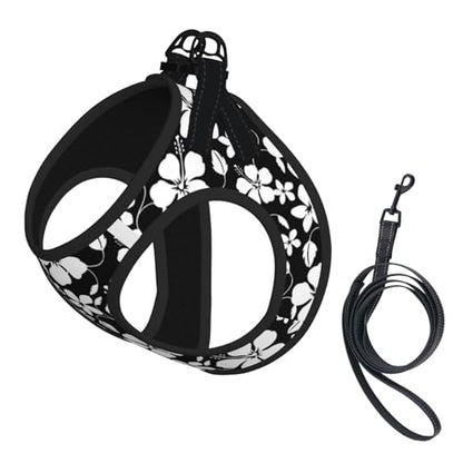 Hawaiian Hula (Hibiscus) Black Dog Harness and Leash Set, No Pull Reflective Adjustable Soft Mesh Padded Pet Vest with Safety Buckle for Small Medium Dogs and Cats Large - color: HAWAIIAN HULA (HIBISCUS) BLACK, size: Large