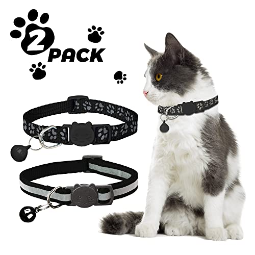 2 Pack Reflective Cat Collar Breakaway with Bell,Personalized Kitten Collars,Adjustable Safety Buckle Collar for Male Cats Girls & Boys (Black) - color: Black