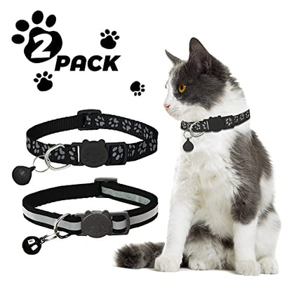 2 Pack Reflective Cat Collar Breakaway with Bell,Personalized Kitten Collars,Adjustable Safety Buckle Collar for Male Cats Girls & Boys (Black) - color: Black