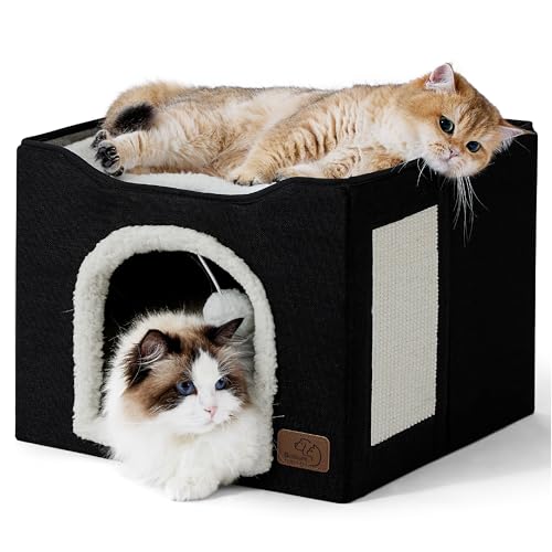 Bedsure Cat Beds for Indoor Cats - Large Cat Cave for Pet Cat House with Fluffy Ball Hanging and Scratch Pad, Foldable Cat Hideaway, 16.5x16.5x13 inches, Black - color: Black, size: Single