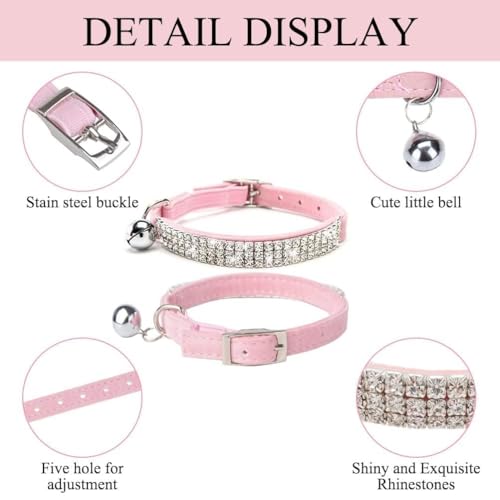 BINGPET 2 Pack Diamond Cat Collar with Bell, Adjustable Soft Velvet Bling Rhinestone Cat Collar, Sparkly Kitten Collar with Metal Buckle and Safety Elastic for Small Medium Cats, Pink & Black - color: Pink & Black(Rhinestones), size: Neck Girth 8"-10"