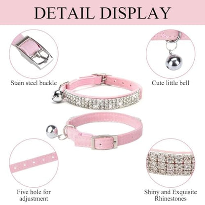 BINGPET 2 Pack Diamond Cat Collar with Bell, Adjustable Soft Velvet Bling Rhinestone Cat Collar, Sparkly Kitten Collar with Metal Buckle and Safety Elastic for Small Medium Cats, Pink & Black - color: Pink & Black(Rhinestones), size: Neck Girth 8"-10"