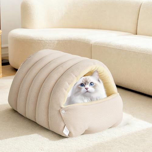 XISAOK Stress Relief Enclosed Cats Bed Machine Washable Cover Soft Velvets Fabric Nonslip Base Compacts Indoor Pet Hideaway