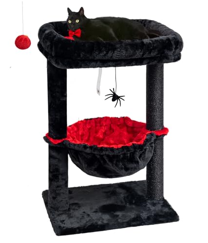 SYANDLVY Gothic Cat Tree with Coffin Bed for Indoor Cats, Activity Cat Tower with Scratching Post for Kittens, Cat Condo Furniture with Basket & Spider Hanging Ball for Play Rest - color: Black