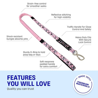 Dog Friendly Co. Bungee Dog Leash | Strain Free & Shock Resistant for Control | Neoprene Padded Handle, Heavy-Duty Carabiner Clip, and D-Ring | Pink Camo, Size Regular - color: Pink Camo, size: Regular