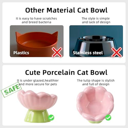 DIF DECO Ceramic Raised Cat Bowl, Pink Elevated Food Bowls for Food and Water Protecting Spine and Whiskelfriendly,Tulip Shape Cute Pet Feeder Dish for Indoor Cats and Small Doas(Height 4.1 inch) - size: Height 4.1 inch