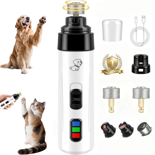 Upgraded Dog Nail Grinder Quiet, Professional Cat & Dog Nail Trimmers, 2-Speed Silent Pet Nail Grinder and Painless Paws Grooming, Suitable for Small Medium Pets (2 Replacement Head)
