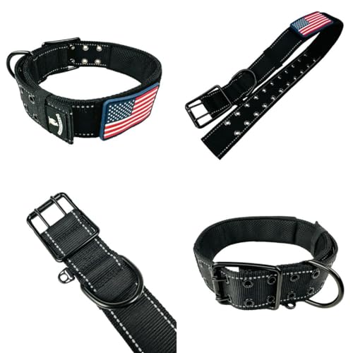 Tactical Dog Collar 2 Inch Wide Heavy Duty with Metal 2-Pin Belt Buckle for Medium, Large & XL Dogs, Thick Military-Style K9 Collar, Reflective, with Name Plate Area, USA Flag Patch, Strong & Durable - color: BLACK, size: 12-20 inches