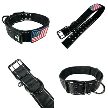 Tactical Dog Collar 2 Inch Wide Heavy Duty with Metal 2-Pin Belt Buckle for Medium, Large & XL Dogs, Thick Military-Style K9 Collar, Reflective, with Name Plate Area, USA Flag Patch, Strong & Durable - color: BLACK, size: 12-20 inches