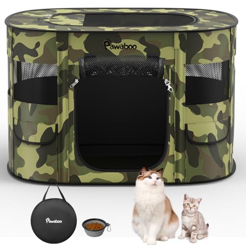 Dog Playpen, Portable Pet Cat PlayPen, 600D Oxford Dog Kennel Tent Crate, Waterproof&Breathable, Indoor Outdoor Travel Camping for Medium/Large Breed with Carrying Case+Bowl(L), Black Camouflage - color: Black Camouflage, size: Large(35"x28"x24")